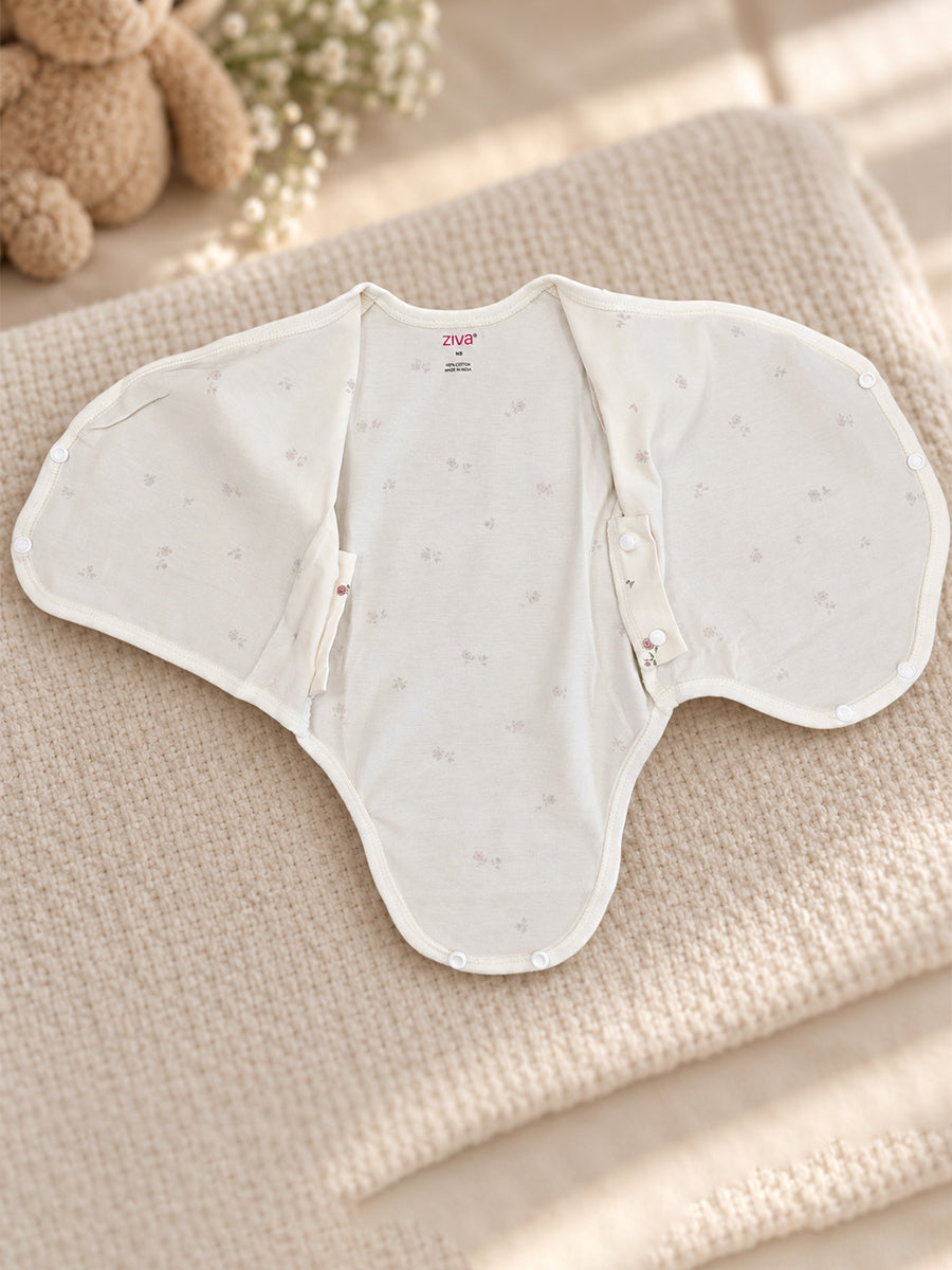 Ziva Baby Premium Knitted Cotton Overlap Romper – Pack of 3 | Ivory Mini Rose, Blush Pink Rose Dot & Baby Pink Bow Assorted Prints