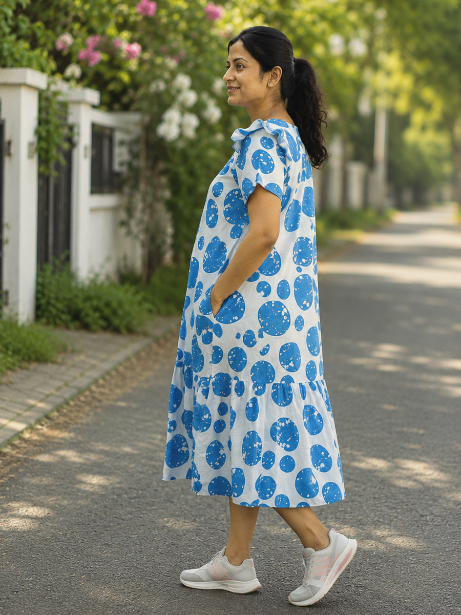 Ziva Maternity & Feeding Cotton Full-Open Short Nighty with Side Pocket – Blue & Off White Irregular Spot Print
