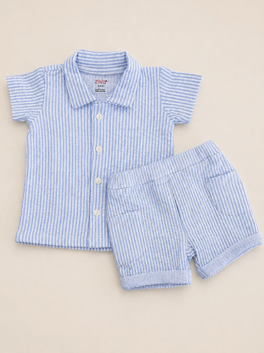 Ziva Premium Knitted Cotton Baby Co-Ord Set – Collar Neck Shirt & Elastic Waist Shorts | Blue & White Pinstripe