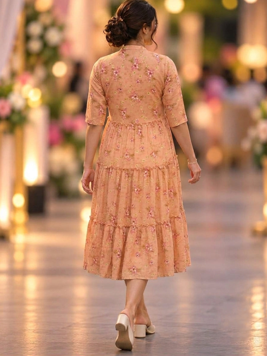 Ziva Maternity & Feeding Sleeveless Dress with Versatile Floral Tiered Jacket – 3 Ways to Wear | Soft Lemon Yellow & Vibrant Peach Floral
