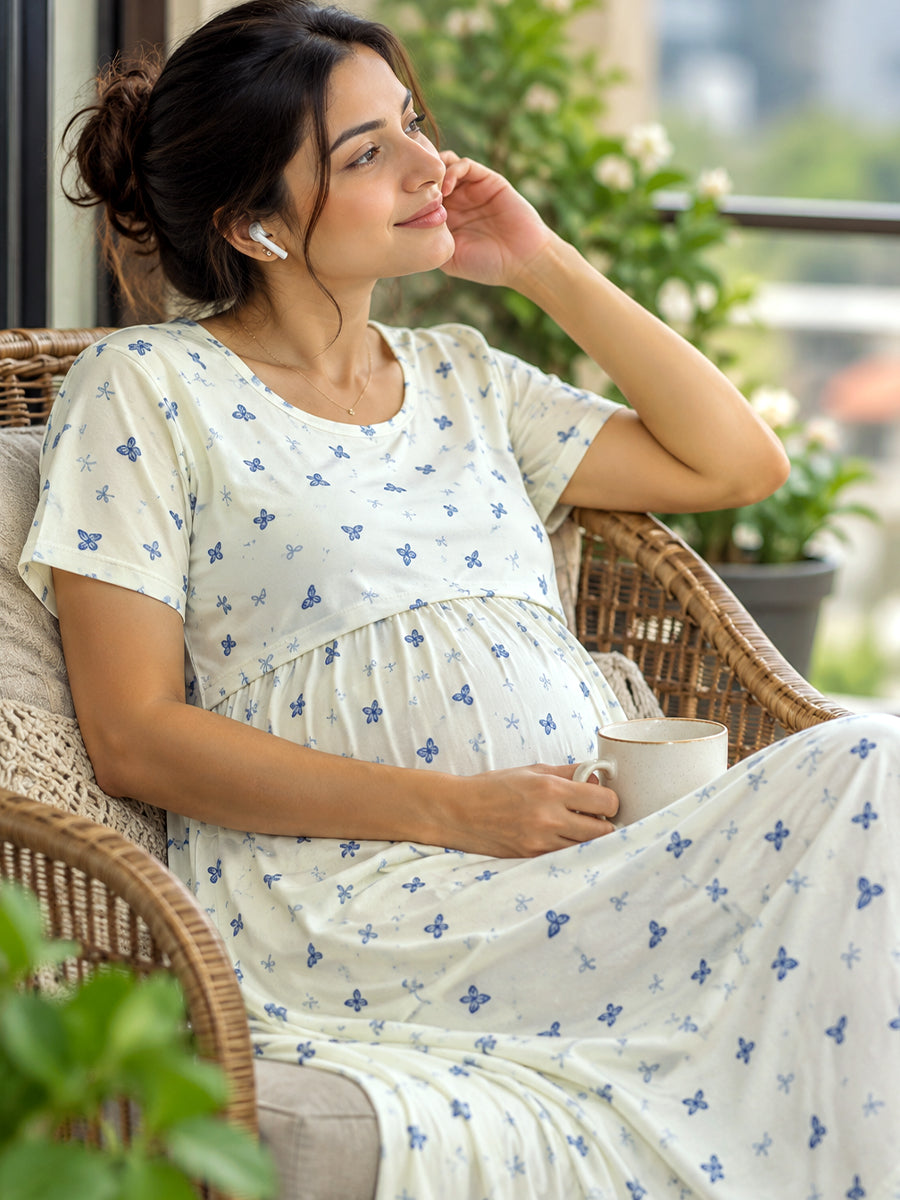 Ziva Zipless Maternity & Feeding Knitted Dress with Adjustable Waist Tie & Side Pocket | Off-White Blue Butterfly & Bow Print