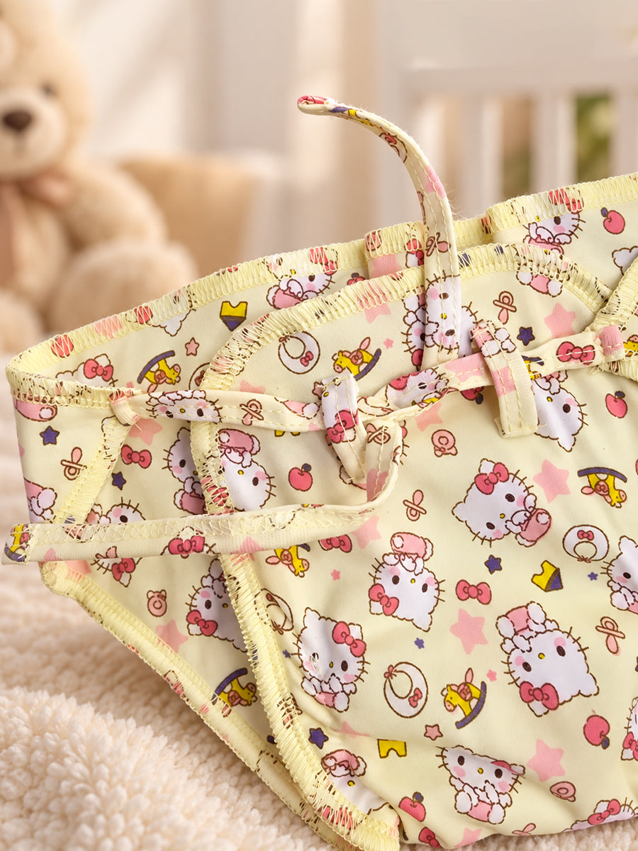 Ziva Newborn Knitted Cotton Front Open Tie Jabla with Light Padded Tie Nappy – Butter Yellow Kitty Print | 1 Jabla + 1 Nappy
