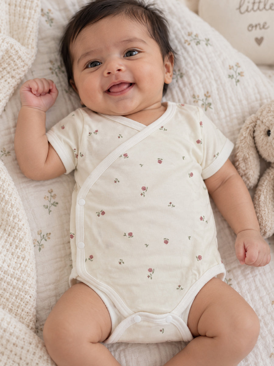 Ziva Baby Premium Knitted Cotton Overlap Romper – Pack of 3 | Ivory Mini Rose, Blush Pink Rose Dot & Baby Pink Bow Assorted Prints