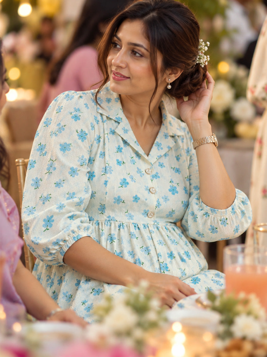 Ziva Premium Cotton Seersucker Maternity & Feeding Dress with Notched Collar, Concealed Zips & Side Pocket | Soft Cream Aqua Blue Floral