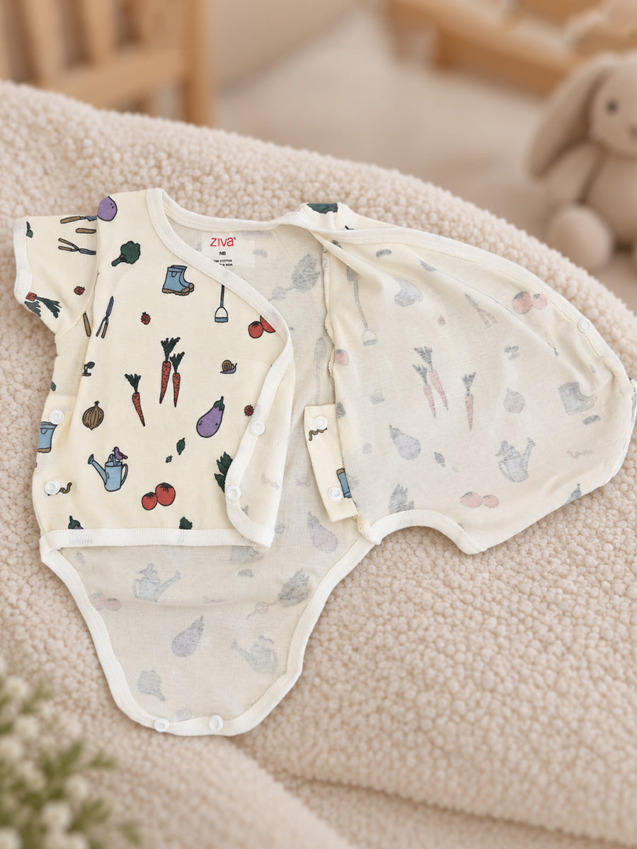 Ziva Baby Premium Knitted Cotton Overlap Romper – Pack of 3 | Baby Blue Teddy Bear, Cream Tiny Mouse & Garden Vegetable Assorted Prints