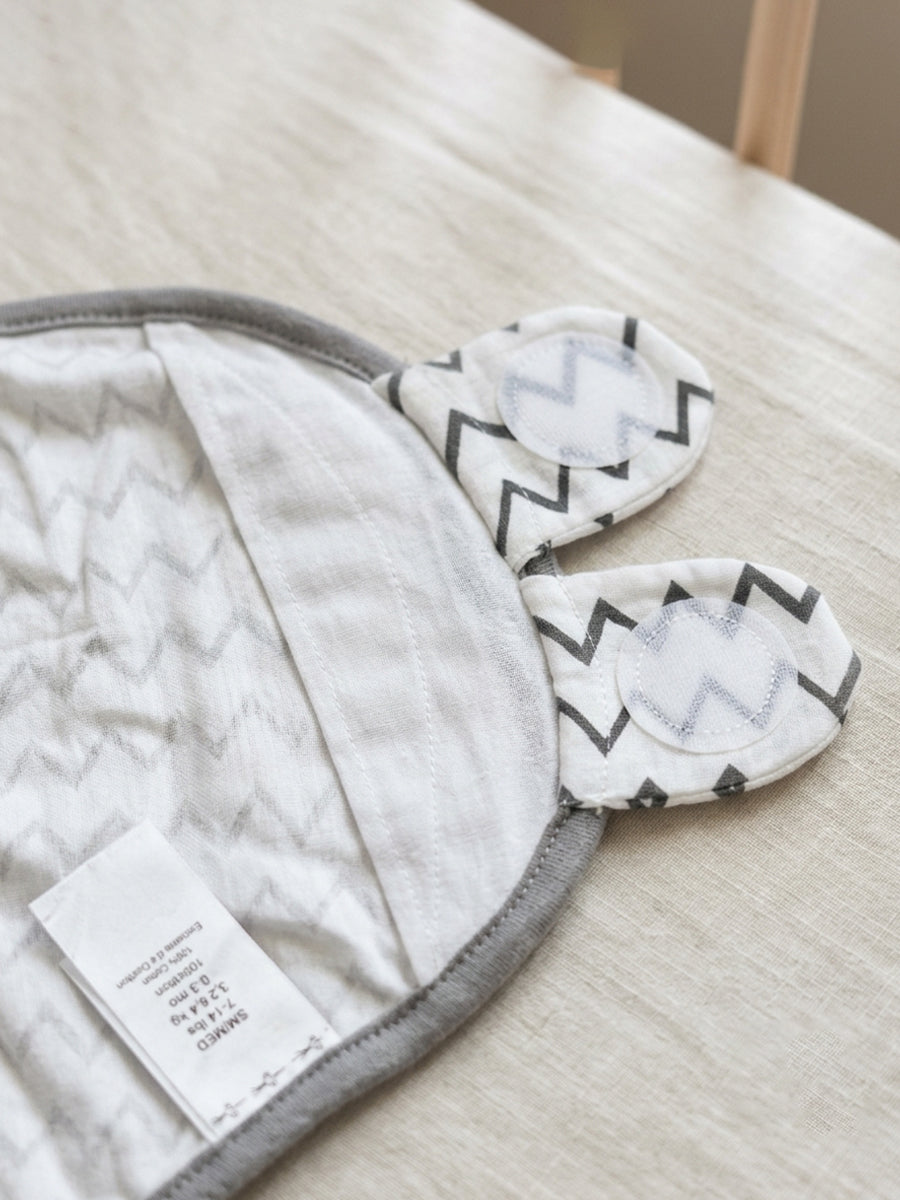 Baby Knitted Cotton Velcro Swaddle – White with Grey Zigzag Print | Adjustable Velcro Closure | Ziva Collected | Carefully Selected for Your Little One