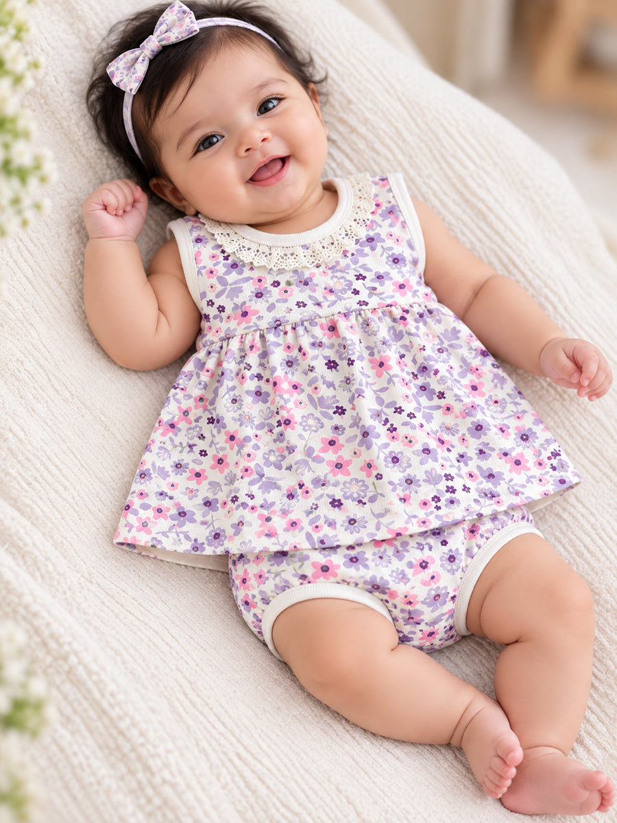 Ziva Baby Girl Frock with Pantie – Pink & Purple Floral Print | Premium Knitted Cotton | Crochet Lace Yoke & Back Knot Tie | 2-Piece Set