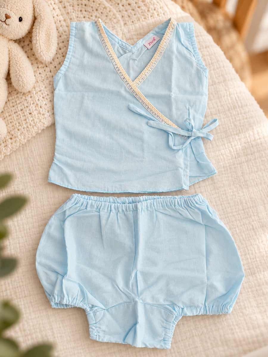 Ziva Baby Cotton Wrap Top & Bloomer Set – Baby Blue | V-Neck Side Tie | 1 Wrap Top + 1 Bloomer
