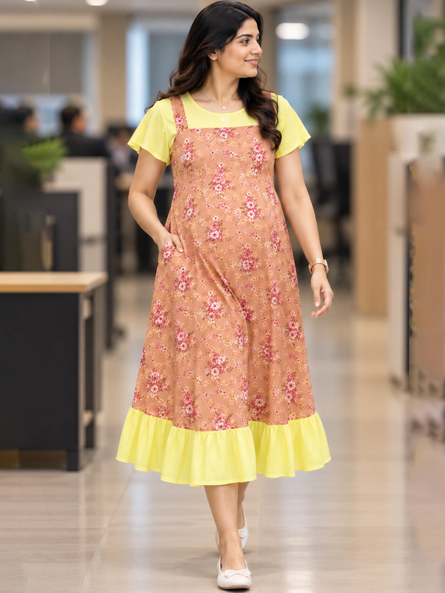 Ziva Maternity & Feeding Dungaree-Style Dress with Concealed Feeding Zips | Muted Orange Floral & Soft Lemon Yellow