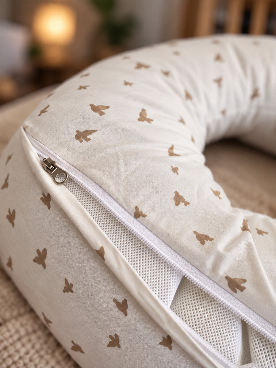 Ziva Multipurpose Feeding Pillow – White with Warm Beige Bird Print | 100% Cotton Cover | Removable & Washable