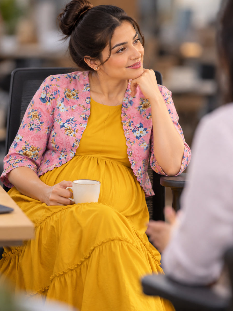 Ziva Maternity & Feeding Sleeveless Dress with Frill-Detail Floral Jacket | Dark Orange Yellow & Pink Multicolour Floral