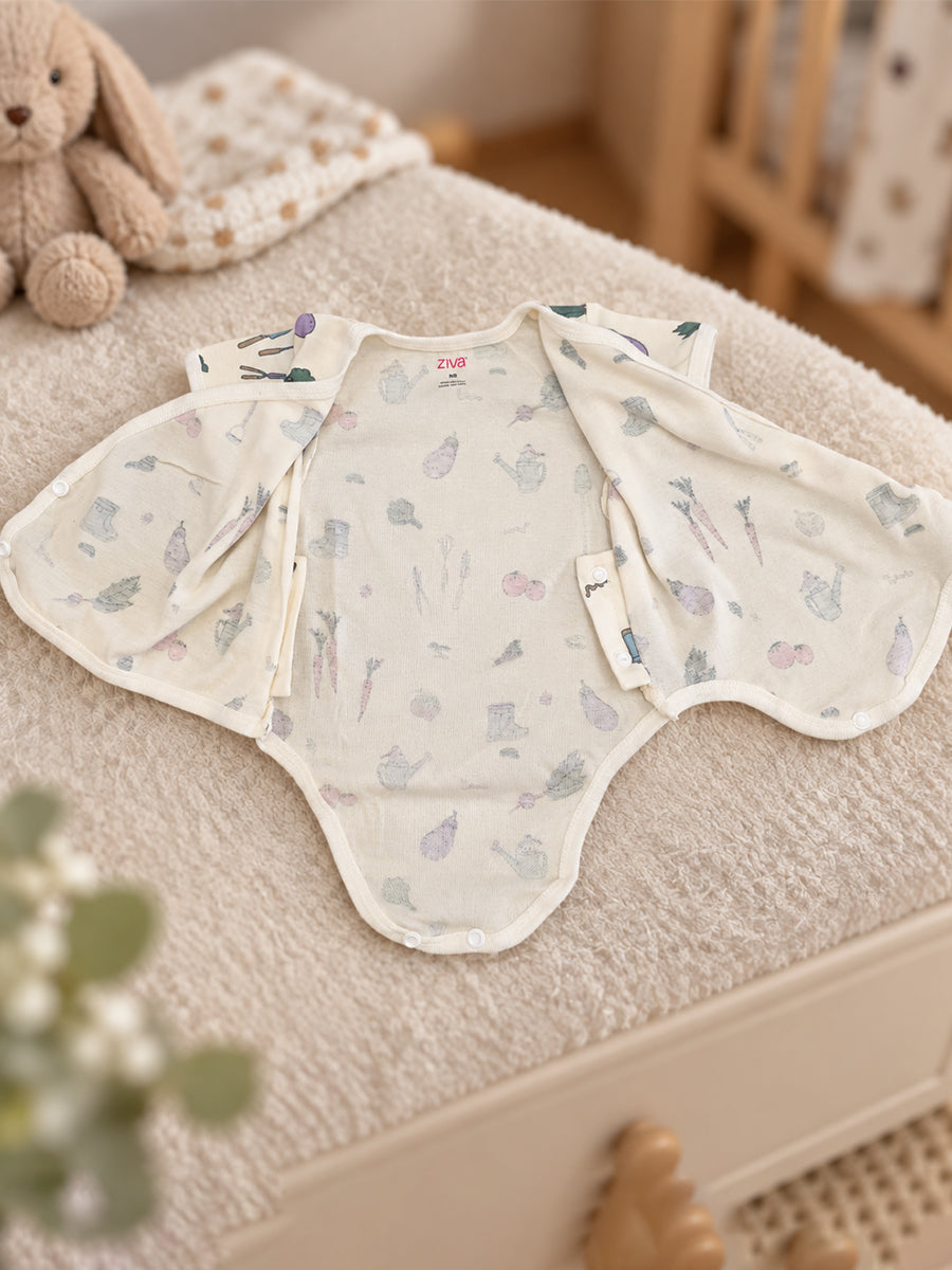 Ziva Baby Premium Knitted Cotton Overlap Romper – Pack of 3 | Baby Blue Teddy Bear, Cream Tiny Mouse & Garden Vegetable Assorted Prints