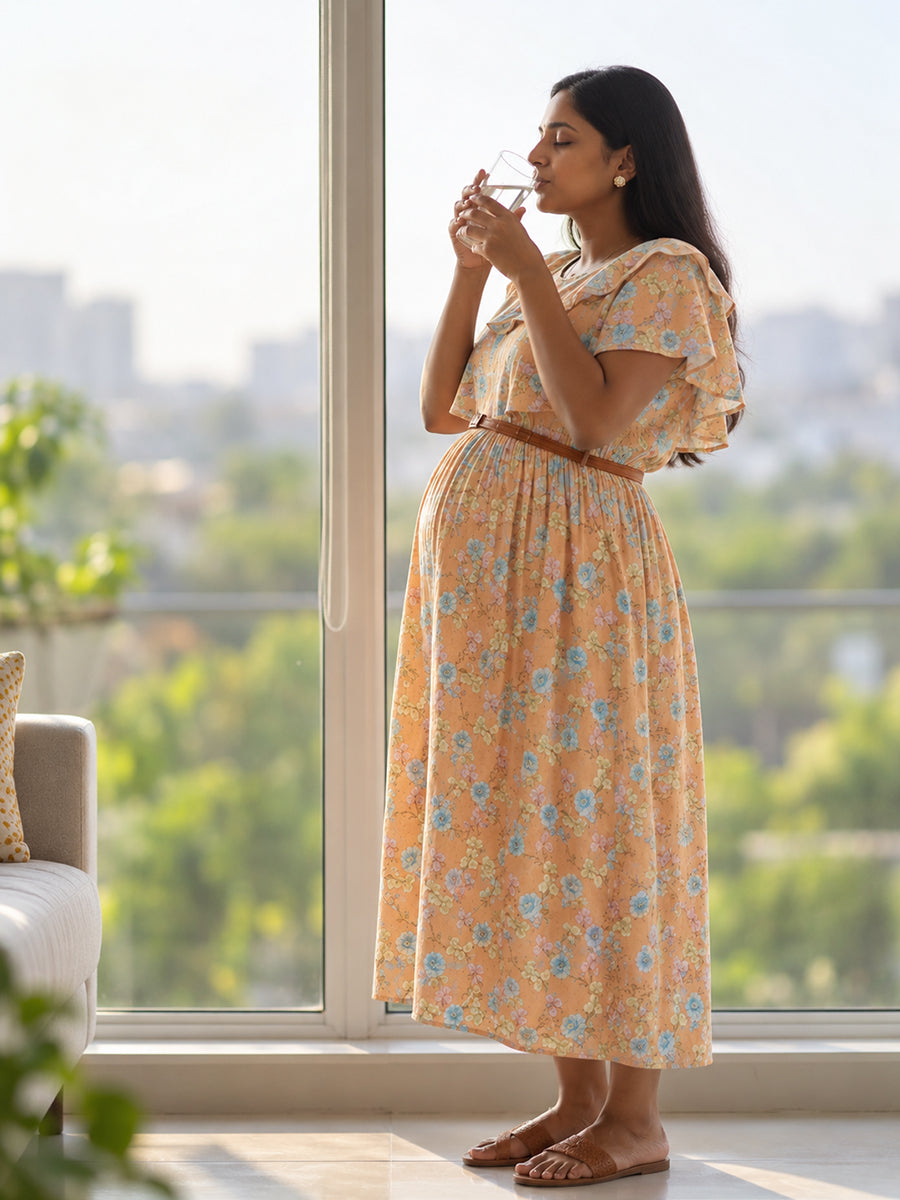 Ziva Light Orange Floral Ruffle Overlay Maternity & Feeding Dress with Concealed Dual Zips, Belt & Pockets