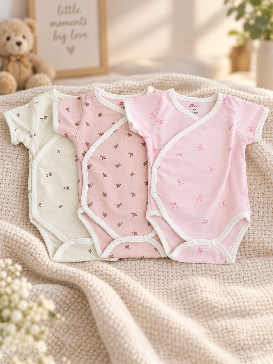 Ziva Baby Premium Knitted Cotton Overlap Romper – Pack of 3 | Ivory Mini Rose, Blush Pink Rose Dot & Baby Pink Bow Assorted Prints