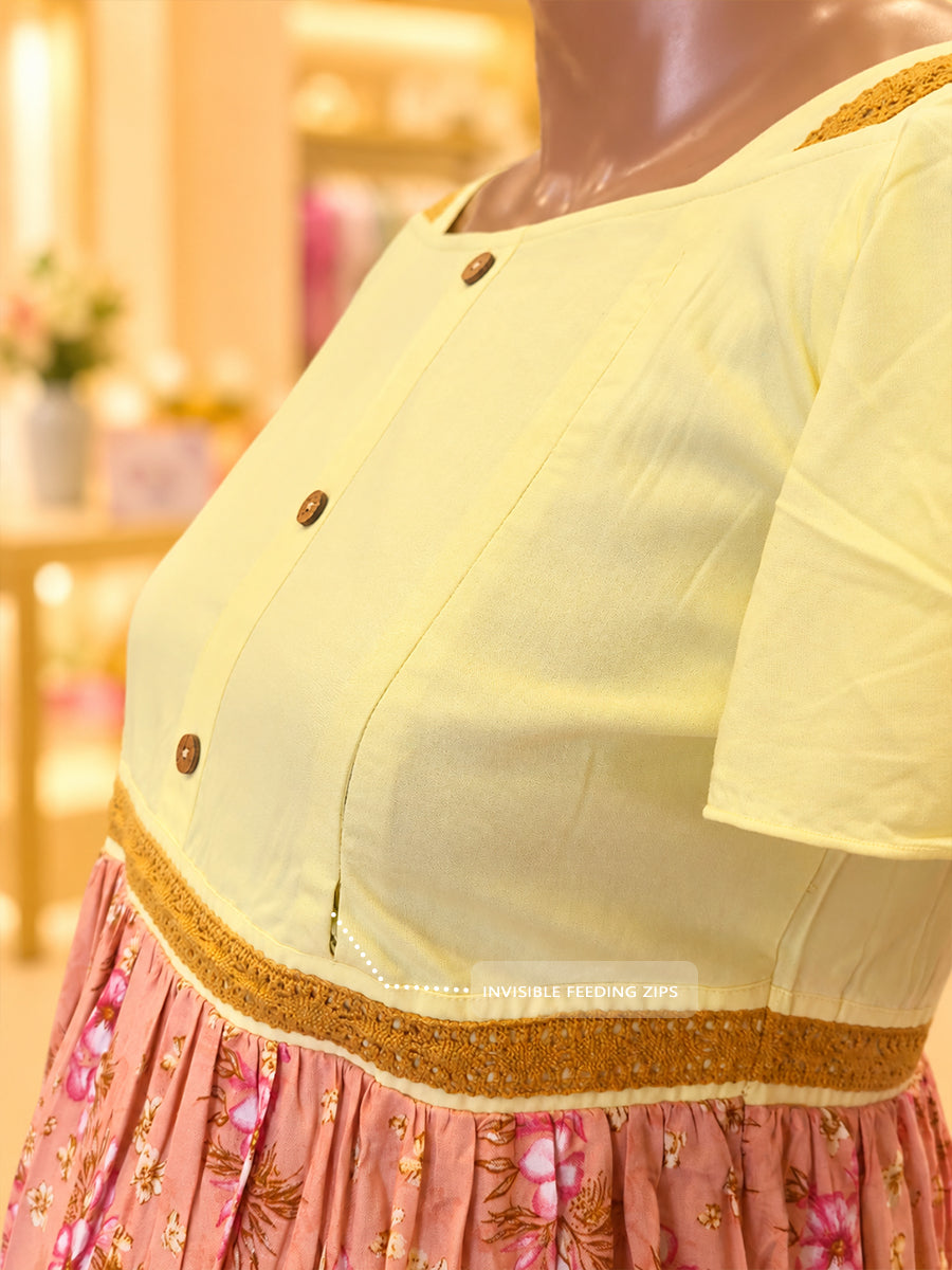 Ziva Maternity & Feeding Rayon Dress with Circular Sleeves & Concealed Zips | Soft Lemon Yellow & Peach Pink Floral