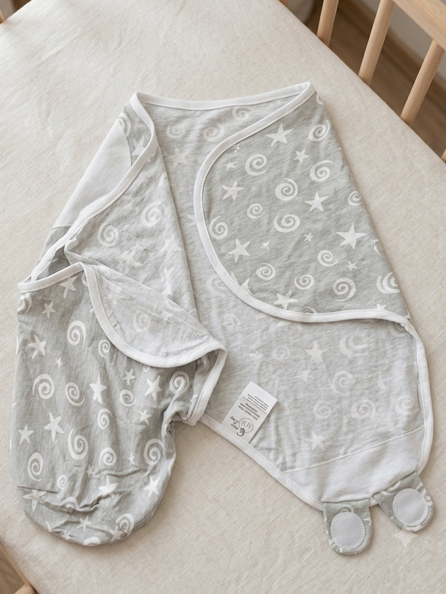 Baby Knitted Cotton Velcro Swaddle – Grey with White Star & Swirl Print | Adjustable Velcro Closure | Ziva Collected | Carefully Selected for Your Little One