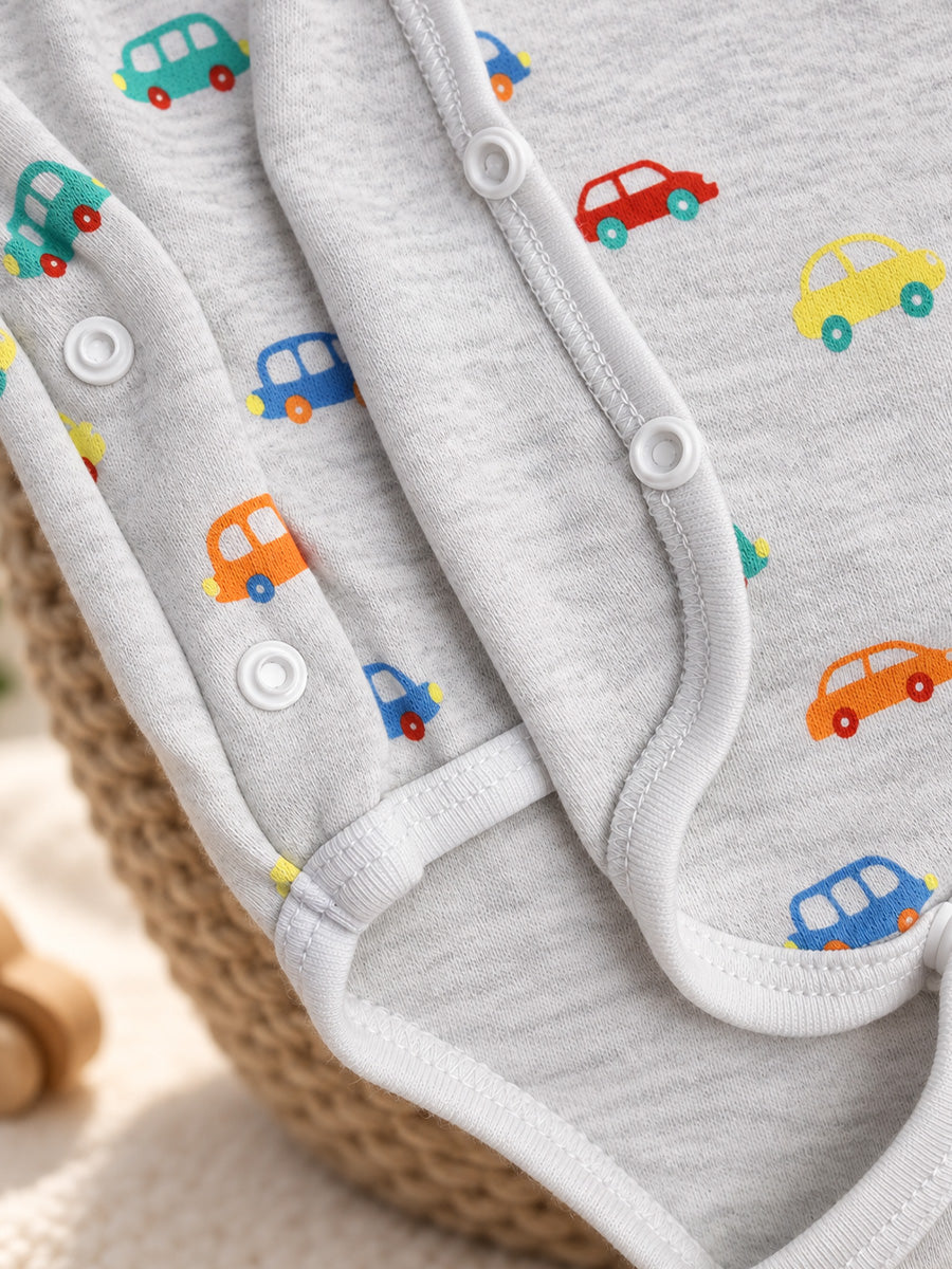 Ziva Baby Premium Knitted Cotton Overlap Romper – Pack of 3 | Grey Multicolour Car, Baby Blue Tiny Star & White Teddy Bear Assorted Prints | Newborn