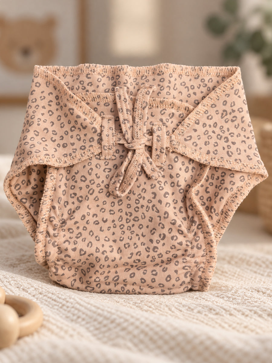 Ziva Newborn Knitted Cotton Front Open Tie Jabla with Tie Nappy – Peach Leopard Print | 1 Jabla + 1 Nappy