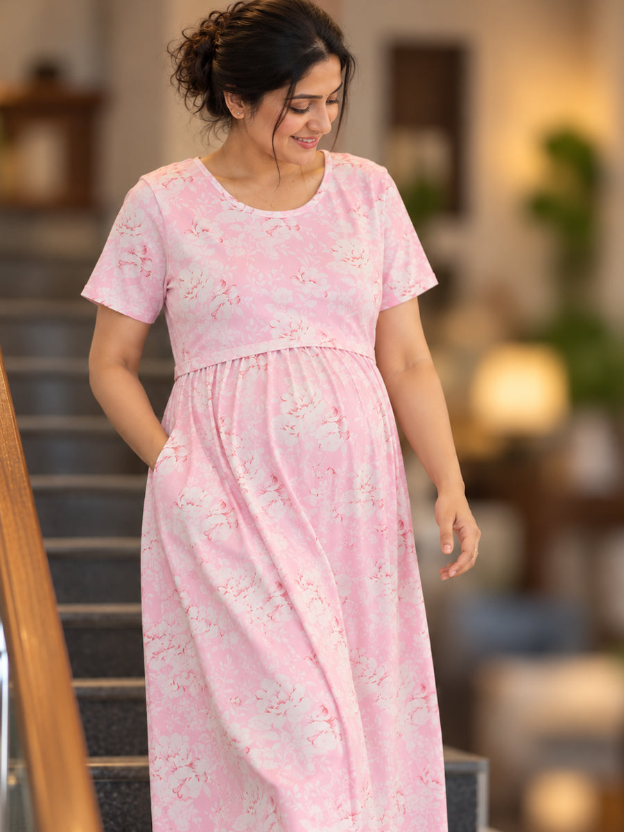 Ziva Zipless Maternity & Feeding Knitted Dress with Adjustable Waist Tie & Side Pocket | Soft Baby Pink & Cream White Floral Print