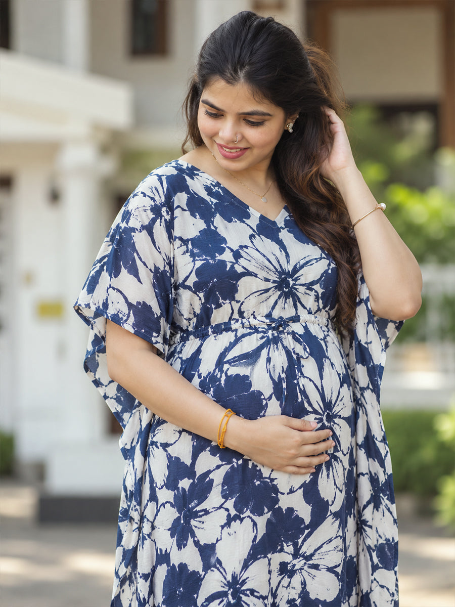 Ziva Maternity & Feeding Kaftan with Feeding Zip & Waist Adjustable Tie – Deep Navy Blue Floral Print