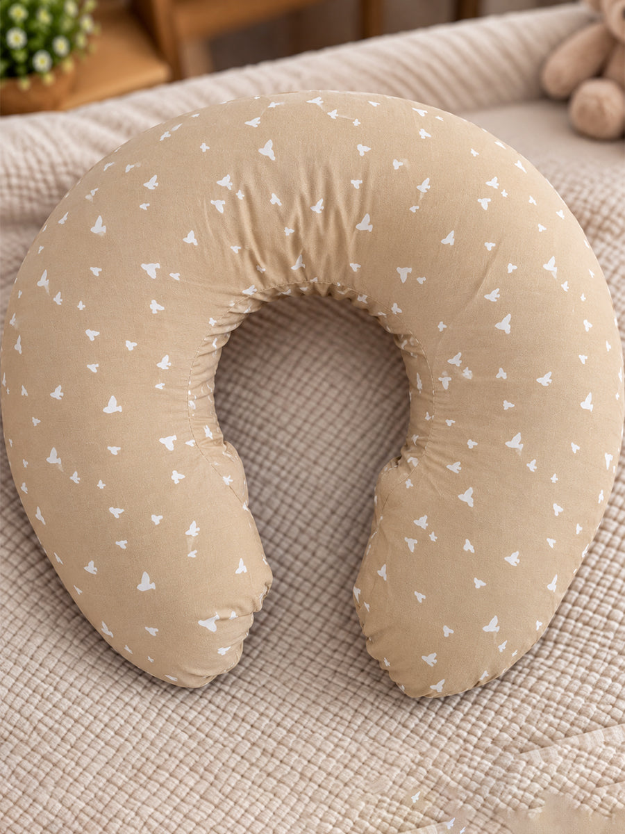Ziva Multipurpose Feeding Pillow – Warm Beige with White Bird Print | 100% Cotton Cover | Removable & Washable