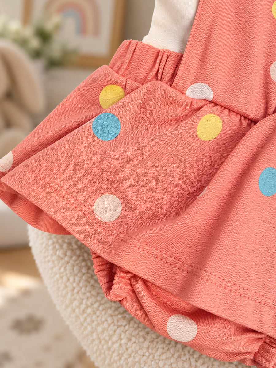 Baby Knitted Cotton Pinafore Romper Set – Coral Multicolour Polka Dot | Inner Top & Hairband | Newborn to 9–12 Months
