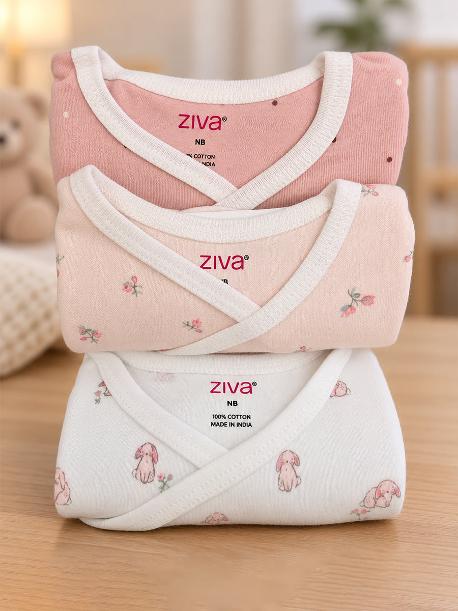 Ziva Baby Premium Knitted Cotton Overlap Romper – Pack of 3 | Blush Pink Tiny Floral, Dusty Rose Mini Dot & White Peach Bunny Assorted Prints.