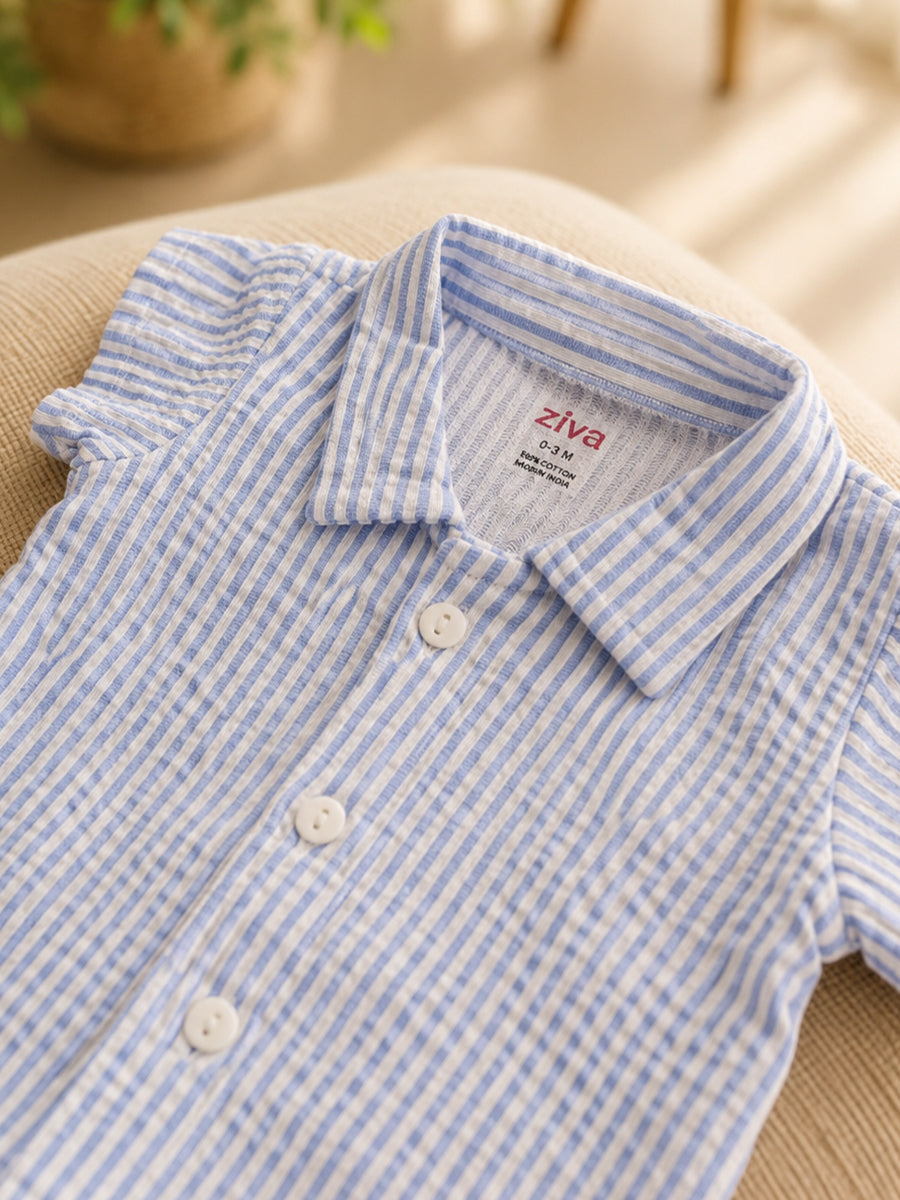Ziva Premium Knitted Cotton Baby Co-Ord Set – Collar Neck Shirt & Elastic Waist Shorts | Blue & White Pinstripe