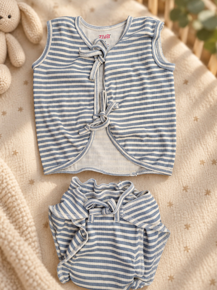 Ziva Newborn Cotton Front Open Tie Jabla with Tie Nappy – Grey Blue Stripe | 1 Jabla + 1 Nappy