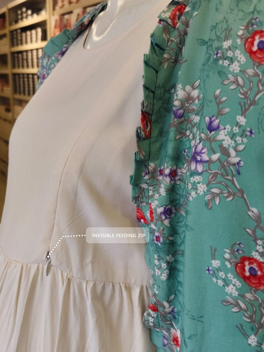 Ziva Maternity & Feeding Sleeveless Dress with Frill-Detail Floral Jacket | Off-White & Warm Sand Botanical Floral