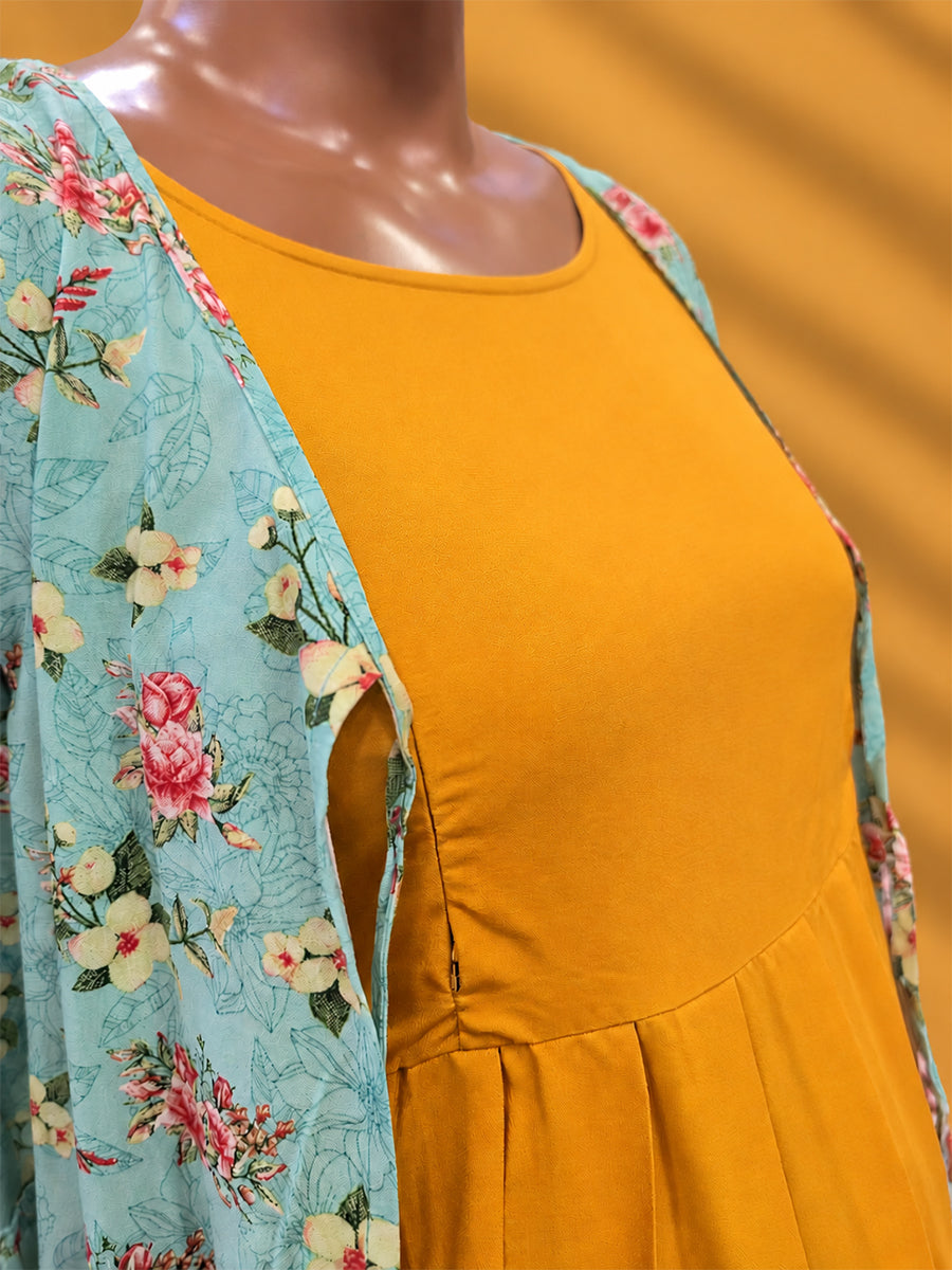 Ziva Premium Rayon Maternity & Feeding Dress with Sleeveless Inner & Floral Tie-Up Long Jacket with side pocket – Dark Orange Yellow & Aqua Blue Floral
