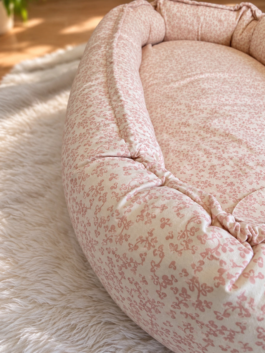Premium Organic Cotton Baby Nest – Newborn Baby Lounger & Baby Bed | Peach Floral Vine Print |Ziva Collected | Carefully Selected for Your Little One