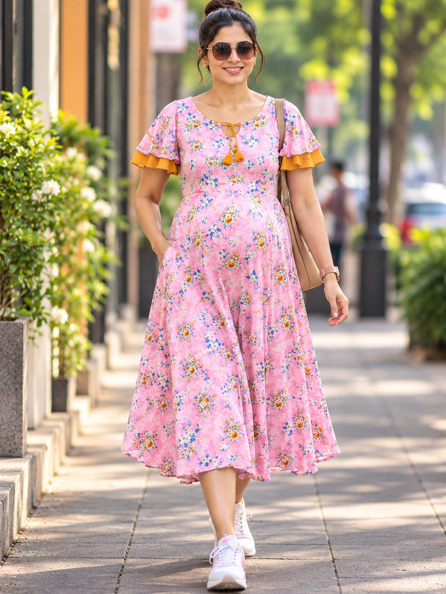 Ziva Maternity & Feeding Dress – Premium Soft Rayon – Umbrella Cut, Double-Layer Circular Sleeves | Soft Pink Floral