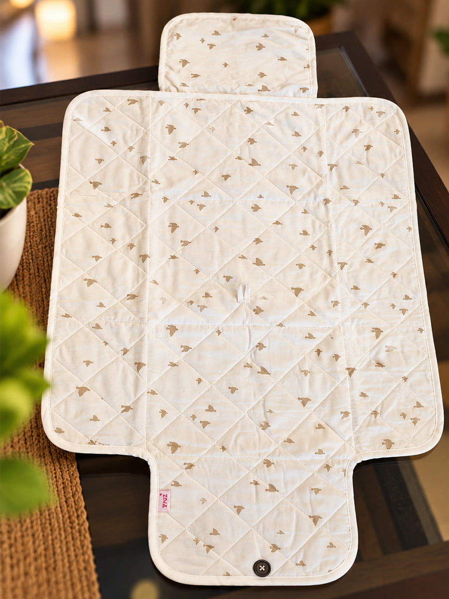 Ziva Baby Nappy & Diaper Changing Sheet – Foldable Travel Changing Mat with Storage Pocket | Soft White Little Bird Print