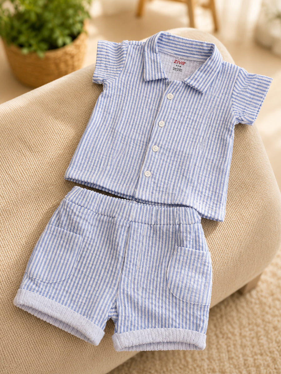 Ziva Premium Knitted Cotton Baby Co-Ord Set – Collar Neck Shirt & Elastic Waist Shorts | Blue & White Pinstripe