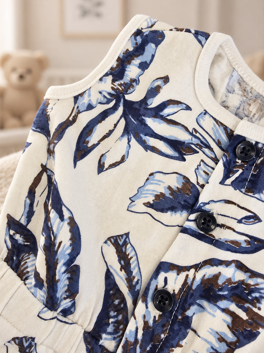 Ziva Baby Playsuit Romper – Navy Floral Print | Knitted Cotton | Sleeveless | Full Front Button Open