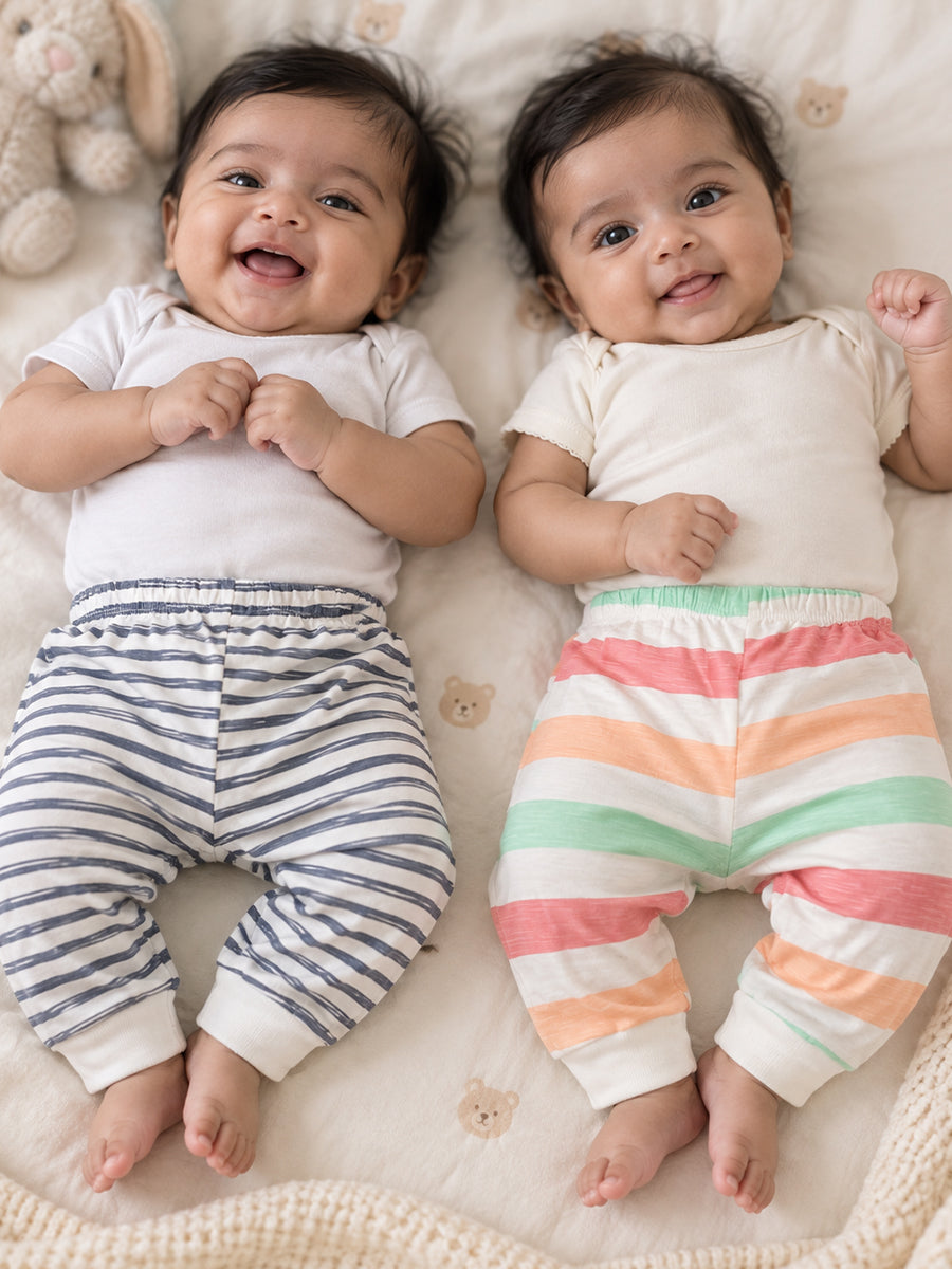 Ziva Baby Premium Knitted Cotton Pants Combo – Pack of 2 | Navy Stripe & Multicolour Stripe