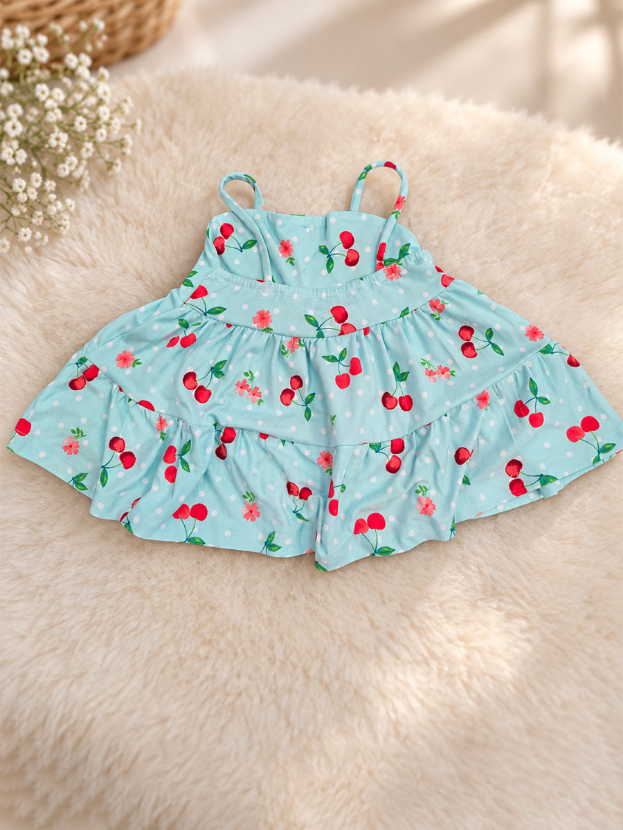 Ziva Baby Girl Strappy Frock with Pantie – Aqua Blue Cherry Print | Premium Knitted Cotton | Layered Frill & Front Buttons | 2-Piece Set