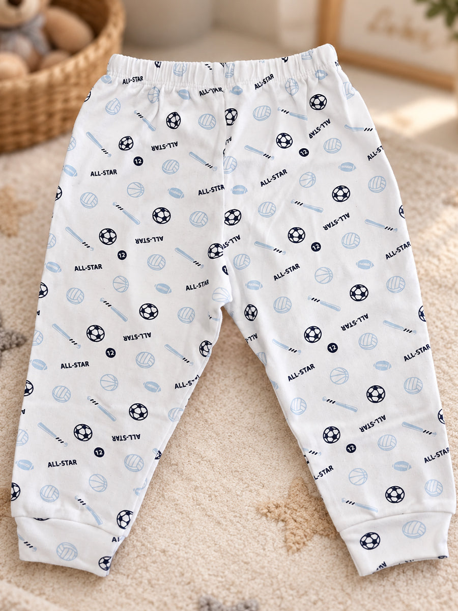 Baby Knitted Cotton Pants Combo – Pack of 3 | Assorted All-Star Sports Print & Baby Blue | 9–12 Months | Ziva Collected | Carefully Selected for Your Little One