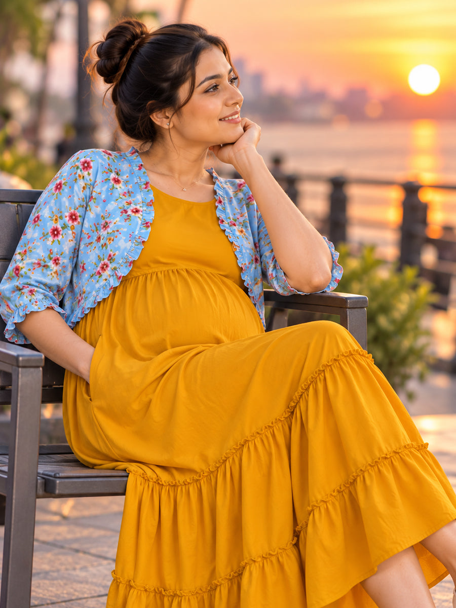 Ziva Maternity & Feeding Sleeveless Dress with Frill-Detail Floral Jacket | Dark Orange Yellow & Sky Blue Floral