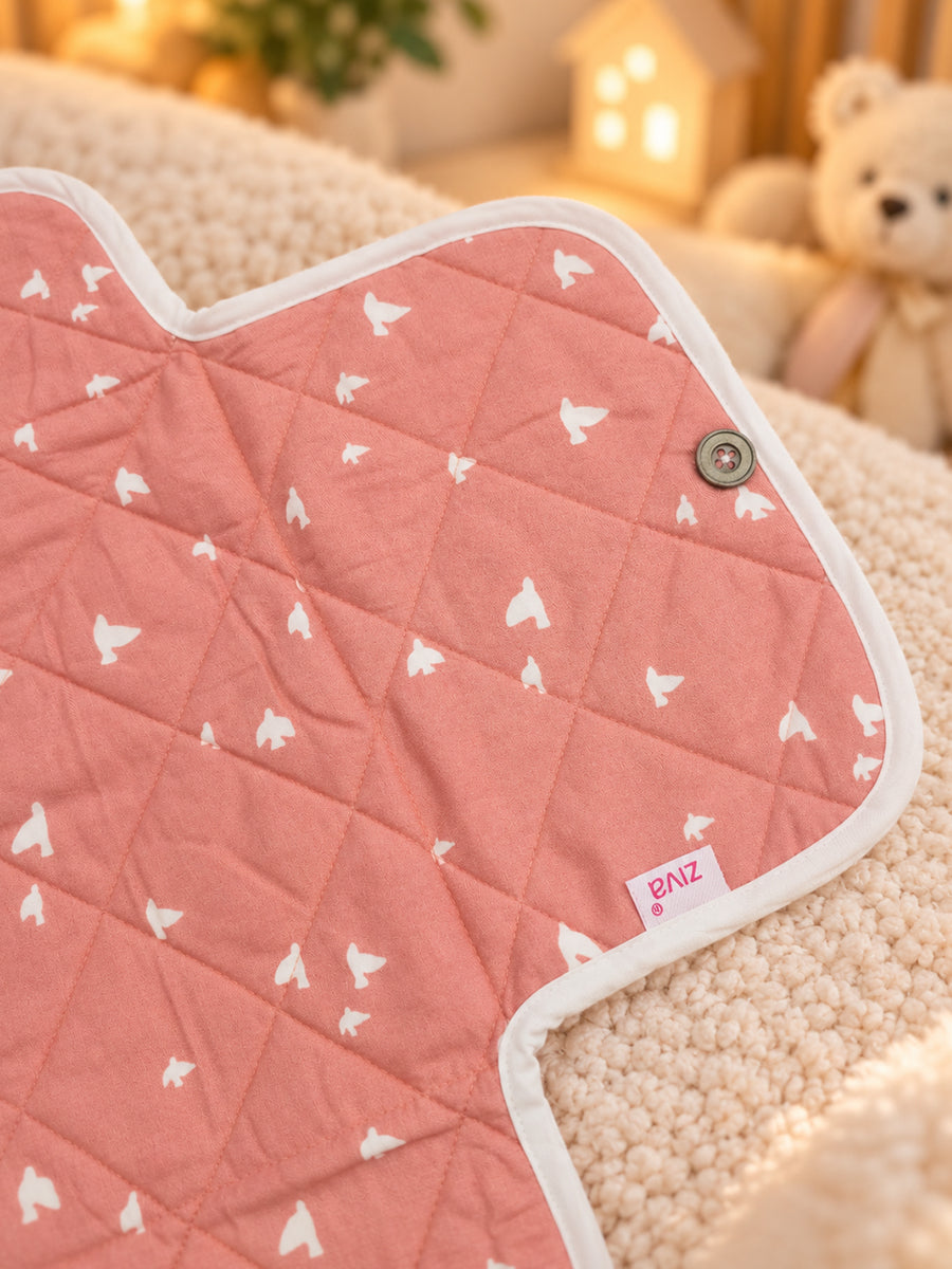 Ziva Baby Nappy & Diaper Changing Sheet – Foldable Travel Changing Mat with Storage Pocket | Peach Pink Little Bird Print