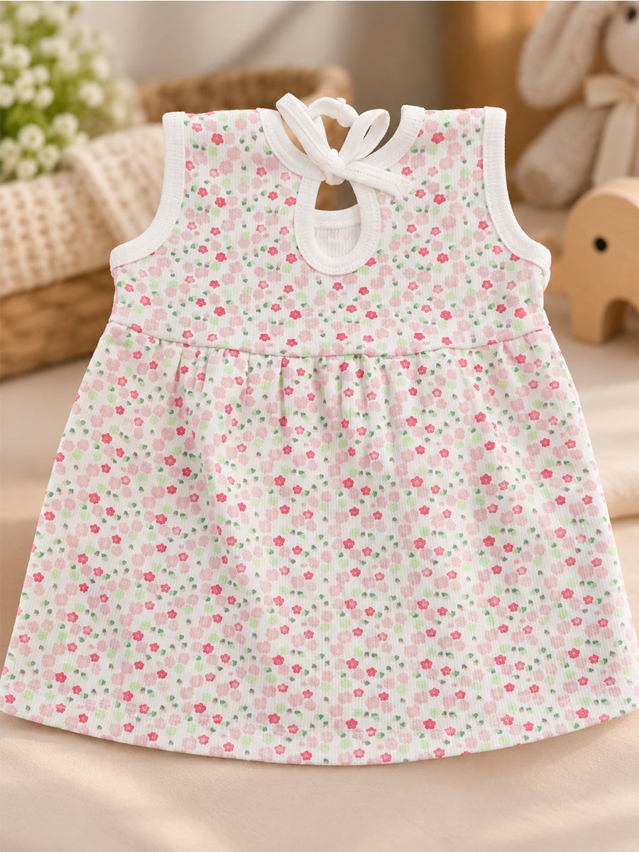 Ziva Baby Girl Frock with Pantie – Soft Ivory Pink Floral Print | Premium Knitted Cotton | Crochet Lace Neckline & Back Knot Tie | 2-Piece Set