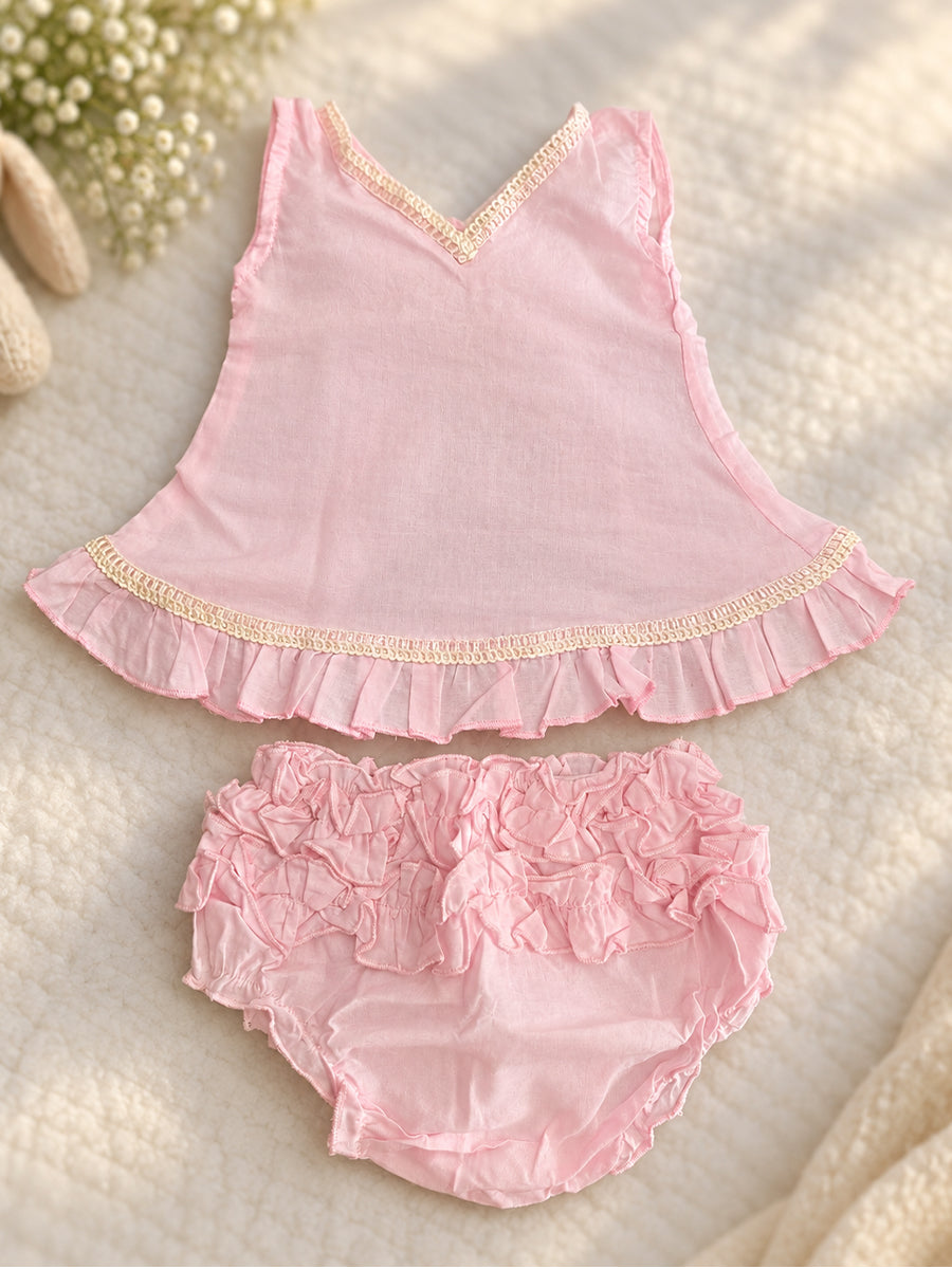 Ziva Baby Girl Cotton Ruffle Top & Bloomer Set – Soft Baby Pink | Cream Lace Detail | 1 Top + 1 Bloomer