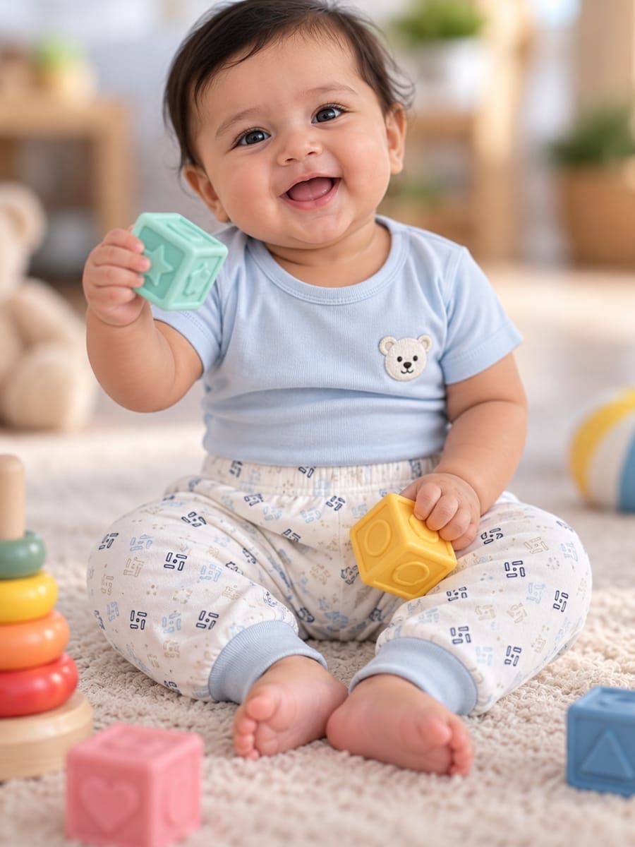Baby Knitted Cotton Pants Combo – Pack of 3 | Assorted Cute Baby Prints | 6–9 Months | Ziva Collected | Carefully Selected for Your Little One