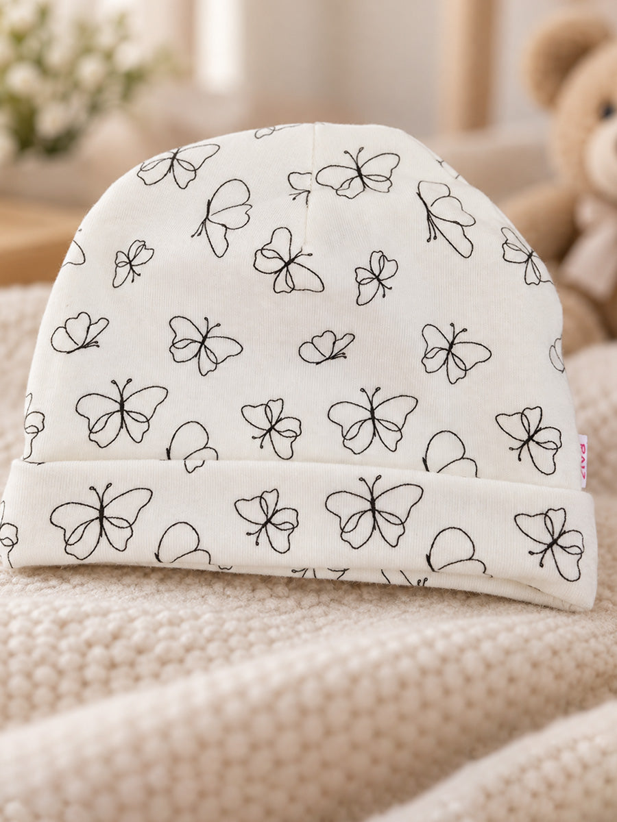 Ziva Baby Sleepsuit with Cap – Off-White Butterfly Print | Premium Knitted Cotton | Front Zip | Fold-Over Mittens & Integrated Booties