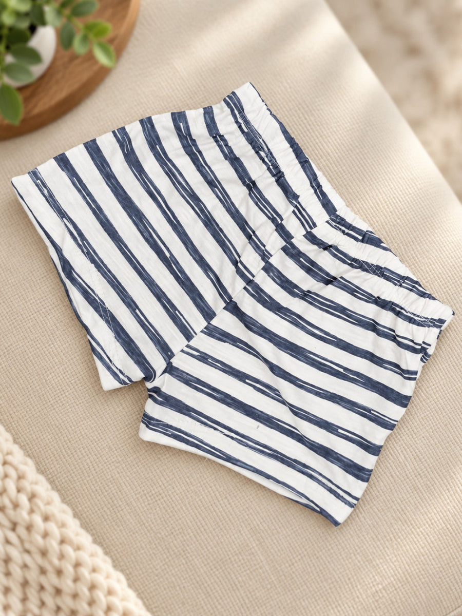 Ziva Baby Premium Knitted Cotton Shorts Combo – Pack of 2 | Navy Stripe & Multicolour Stripe