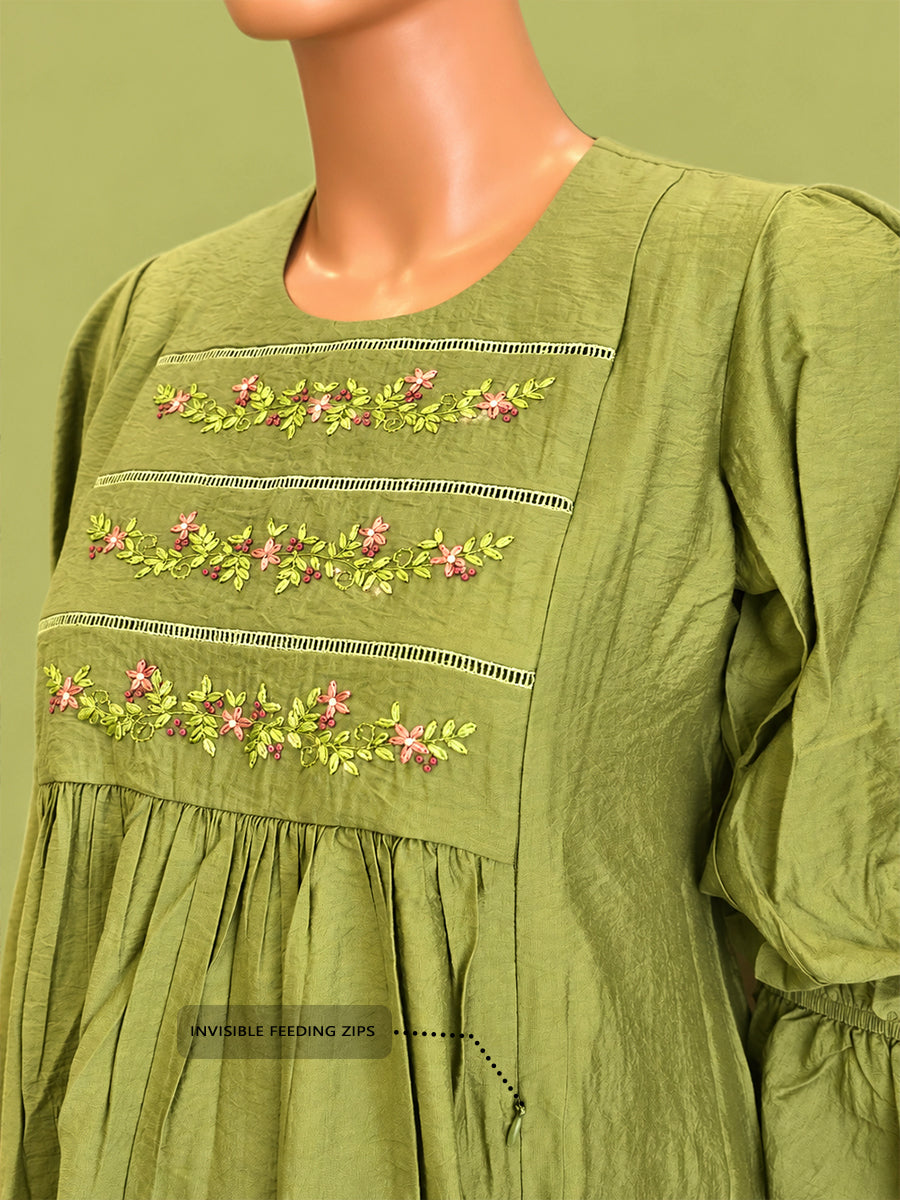 Ziva Premium Crinkle Viscose Maternity & Feeding Occasion Dress with Hand-Embroidered Yoke & Adjustable Puff Sleeves | Olive Green