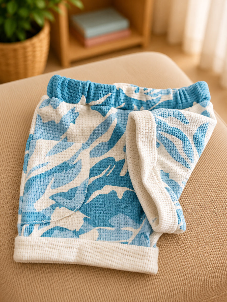 Ziva Premium Waffle Knitted Cotton Baby Co-Ord Set – Collar Neck Shirt & Elastic Waist Shorts | Aqua Blue & Off White | Abstract Camouflage Print