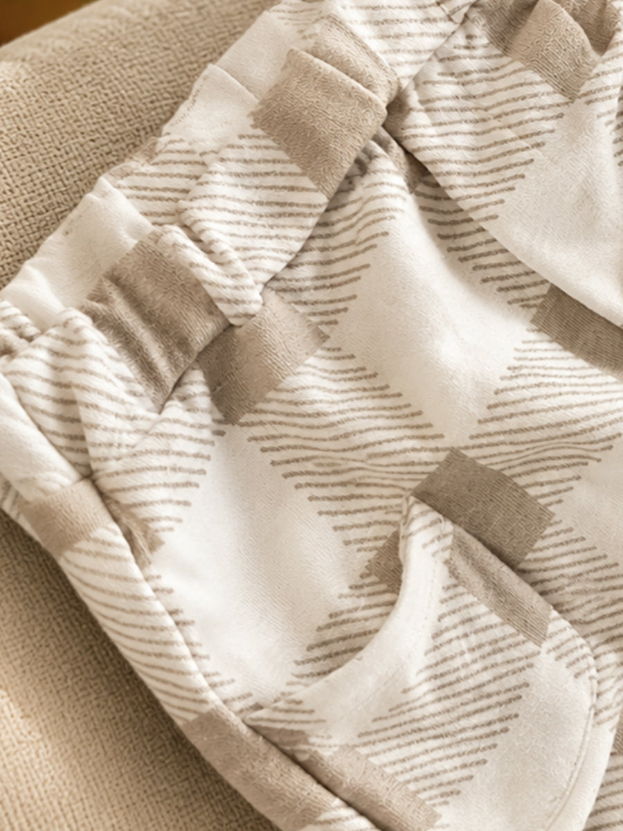 Ziva Premium Knitted Cotton Baby Co-Ord Set – Collar Neck Shirt & Elastic Waist Shorts | Cream & Grey Gingham Print
