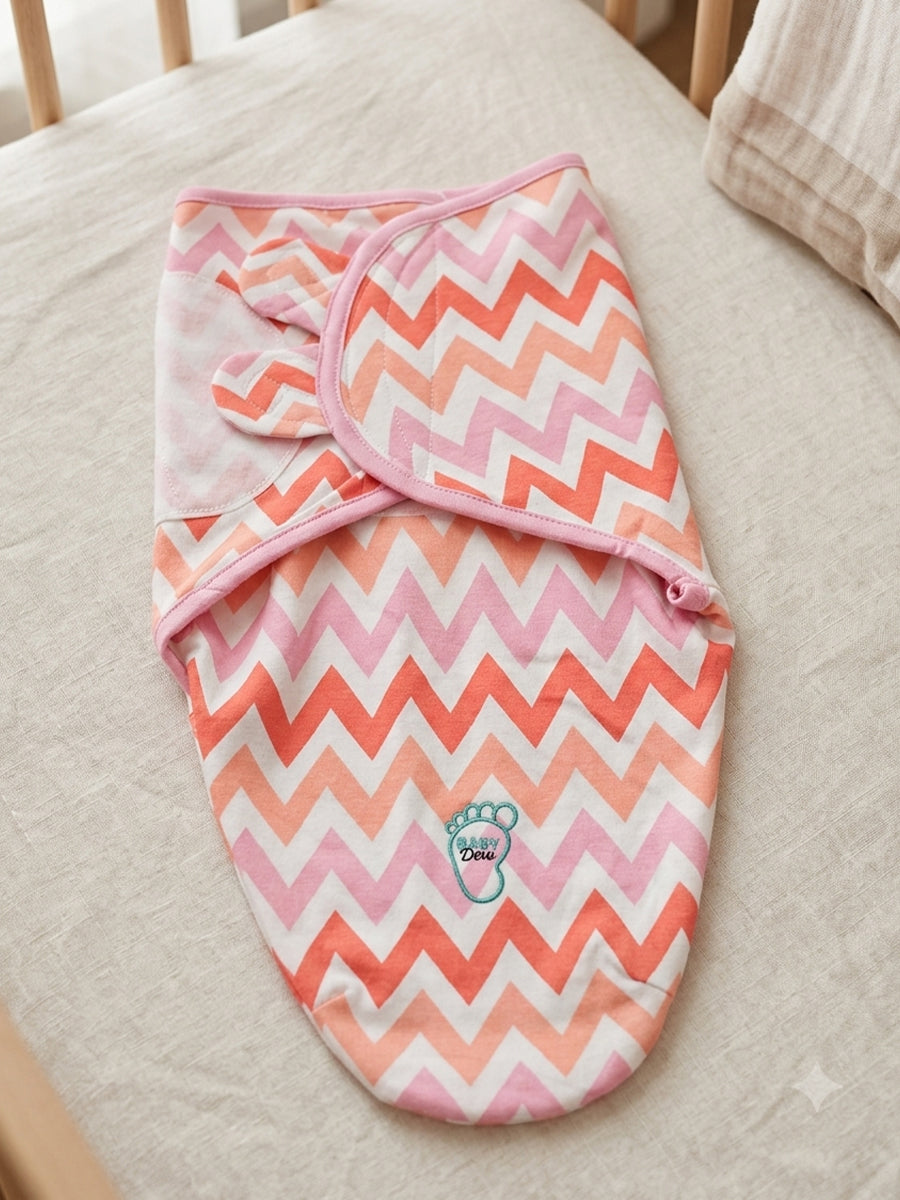 Baby Knitted Cotton Velcro Swaddle – White with Pink, Coral & Peach Zigzag Print | Adjustable Velcro Closure | Ziva Collected | Carefully Selected for Your Little One